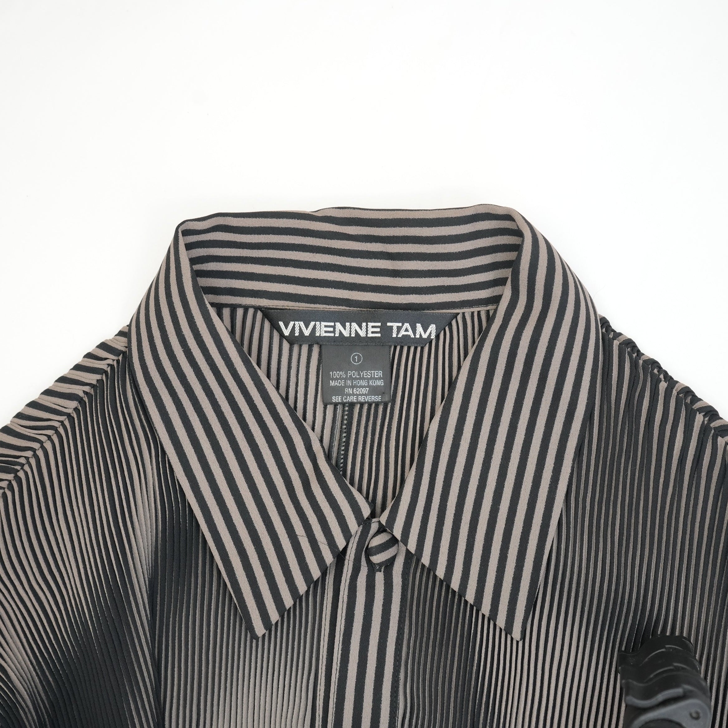 Vivienne Tam Black and White Striped Pleated Button Up Dress Size Extra Small
