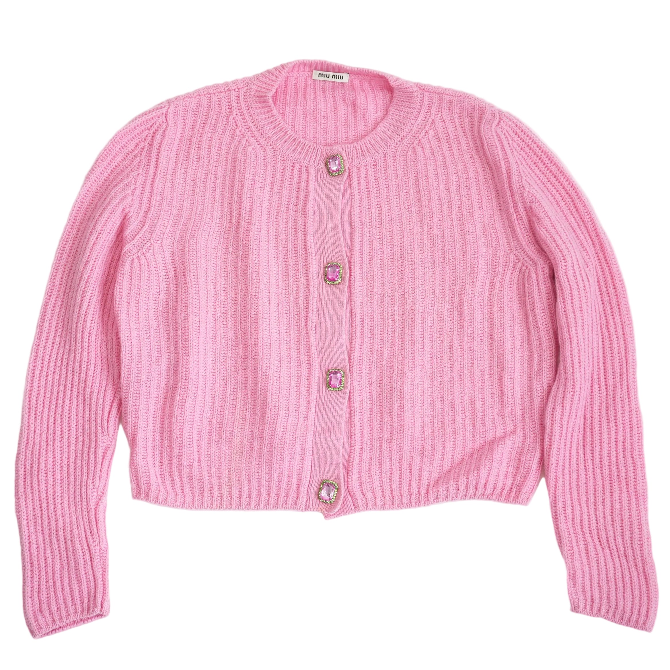 Miu Miu Pink Cropped Knit Sweater with Gem Buttons Size 42