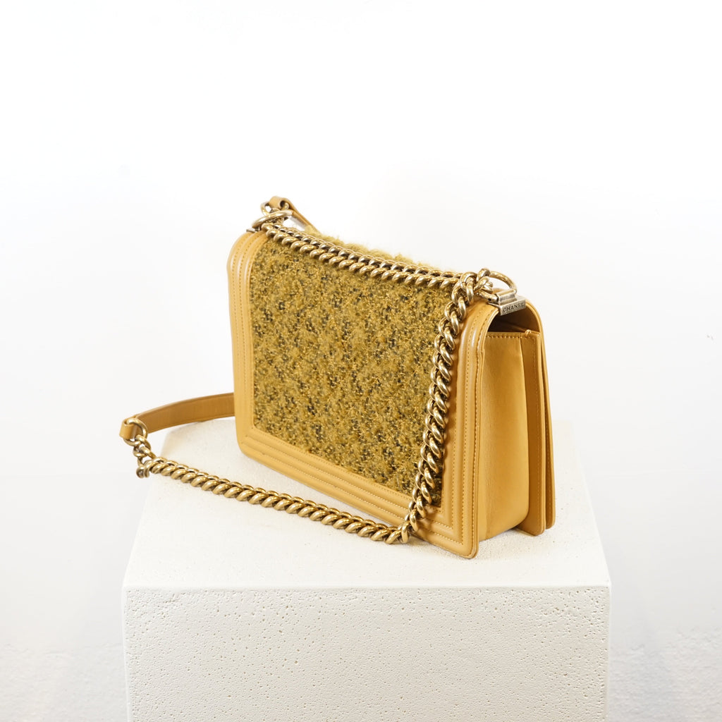 Chanel Tan/Brown Boy Bag With Tweed Detailing (with box and dustbag)