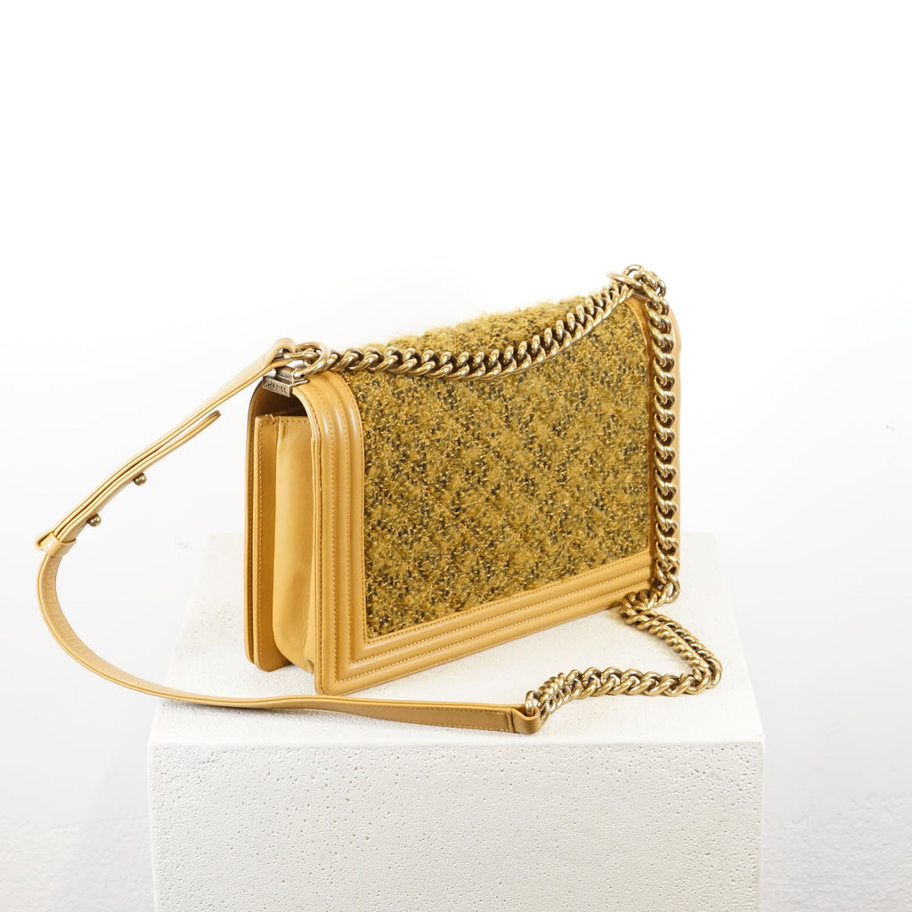 Chanel Tan/Brown Boy Bag With Tweed Detailing (with box and dustbag)
