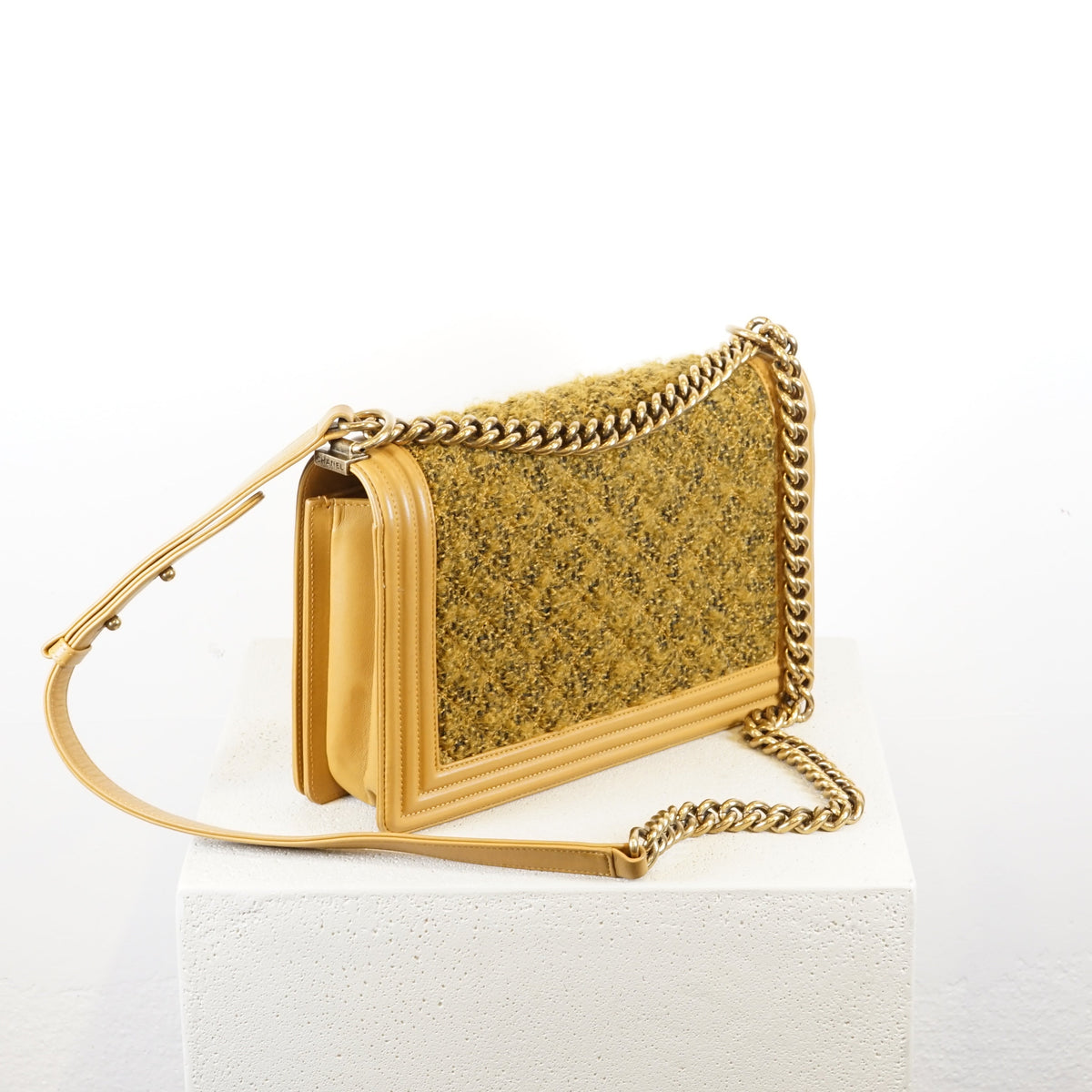 Chanel Tan/Brown Boy Bag With Tweed Detailing (with box and dustbag)