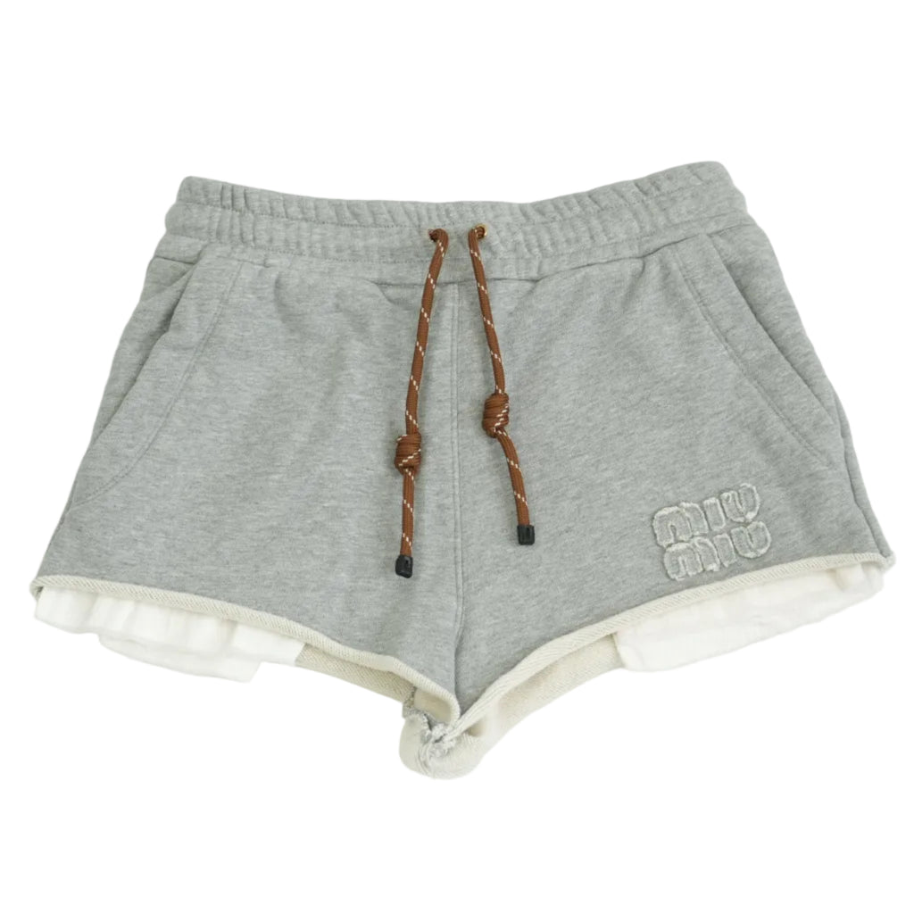Miu Miu Gray Fleece Shorts Logo Layered Raw Hem Drawstring Sweatshorts Size 36