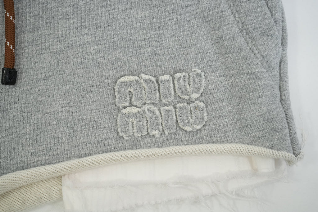 Miu Miu Gray Fleece Shorts Logo Layered Raw Hem Drawstring Sweatshorts Size 36