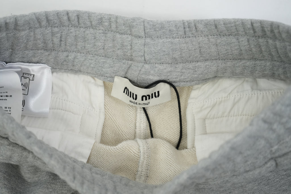 Miu Miu Gray Fleece Shorts Logo Layered Raw Hem Drawstring Sweatshorts Size 36