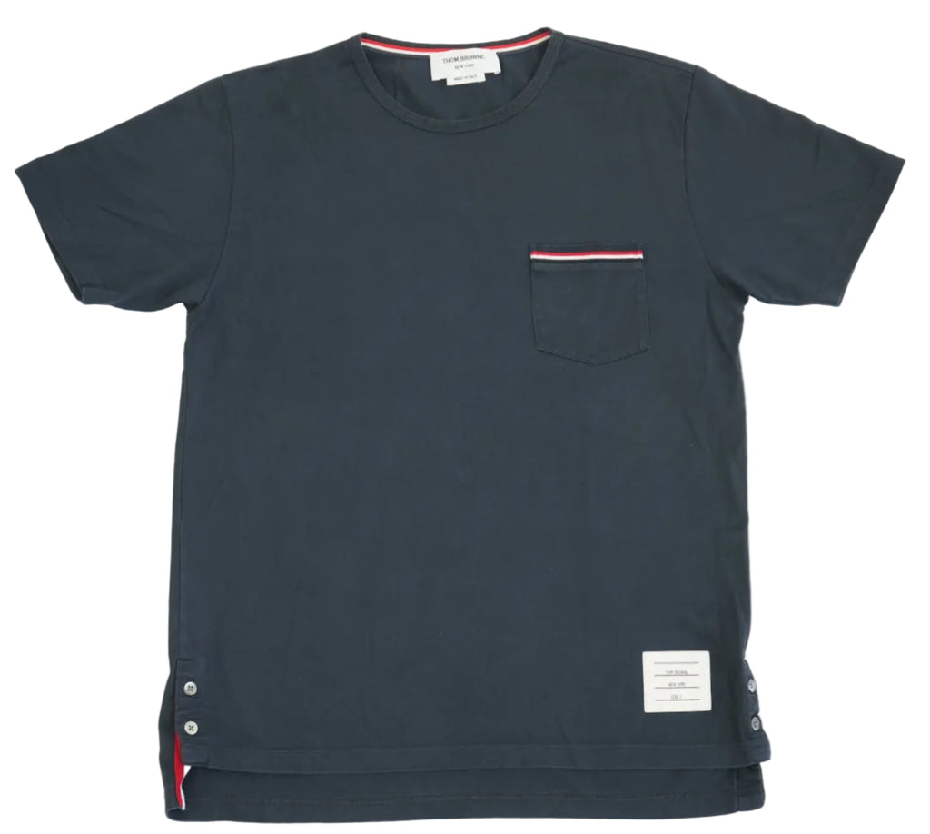 Thom Browne Navy Blue Grosgrain Trim Pocket T-Shirt Side Vent Size 2