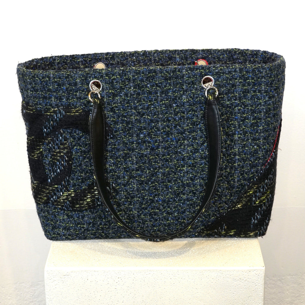 Chanel Cambon Line Tote Bag Tweed Leather Blue
