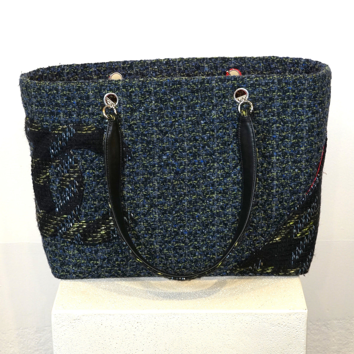 Chanel Cambon Line Tote Bag Tweed Leather Blue