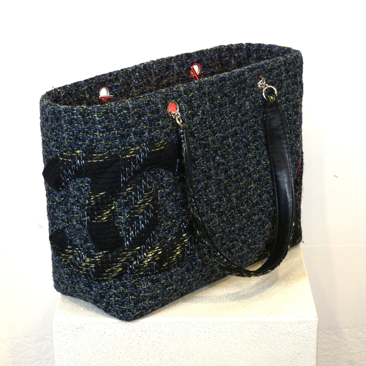 Chanel Cambon Line Tote Bag Tweed Leather Blue