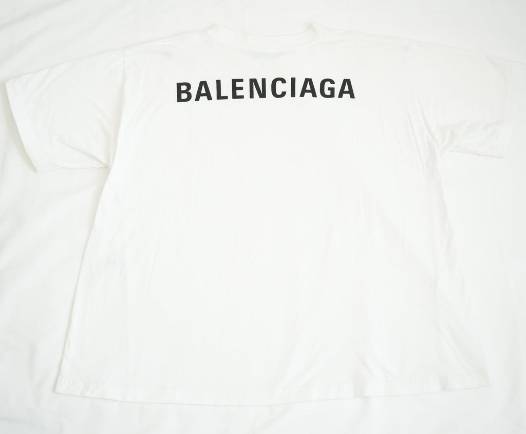 Balenciaga White Cotton T-Shirt Black Back Block Logo Tee Shirt Size XS