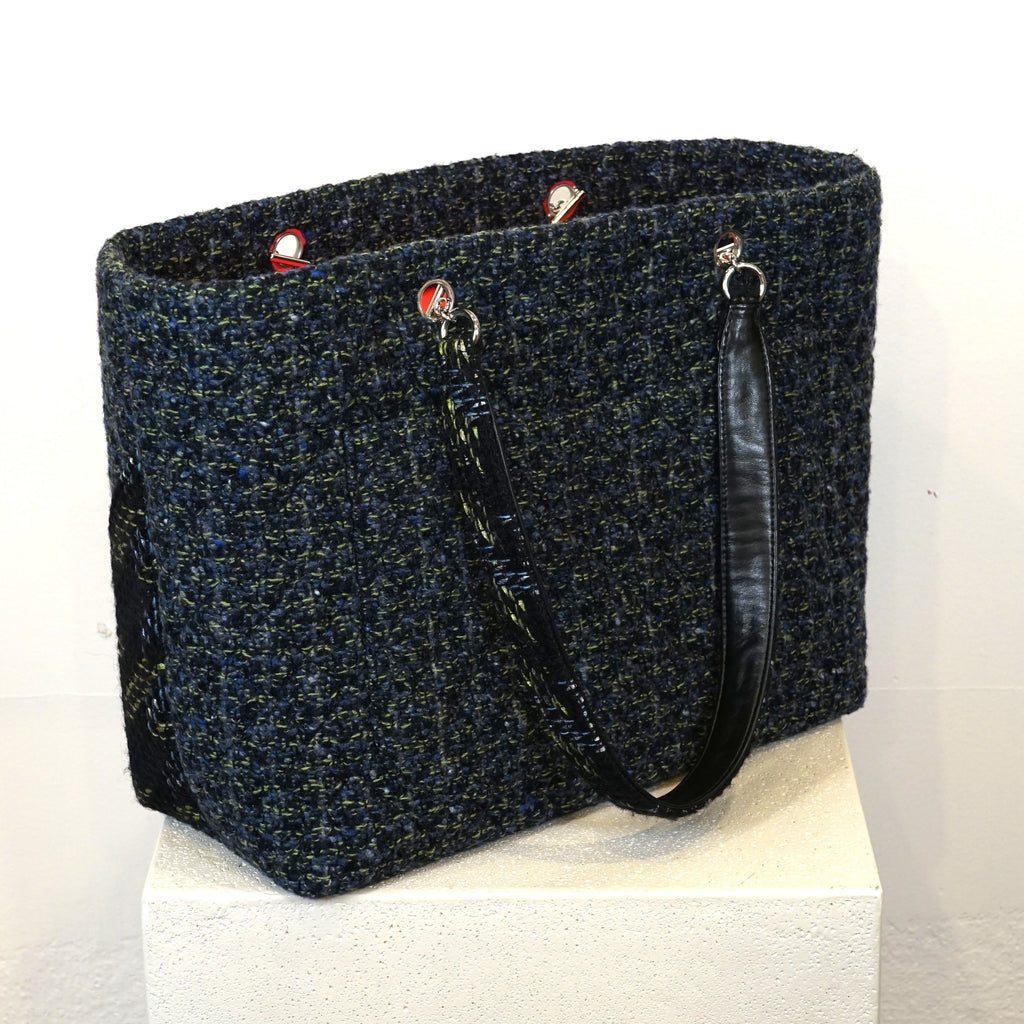 Chanel Cambon Line Tote Bag Tweed Leather Blue