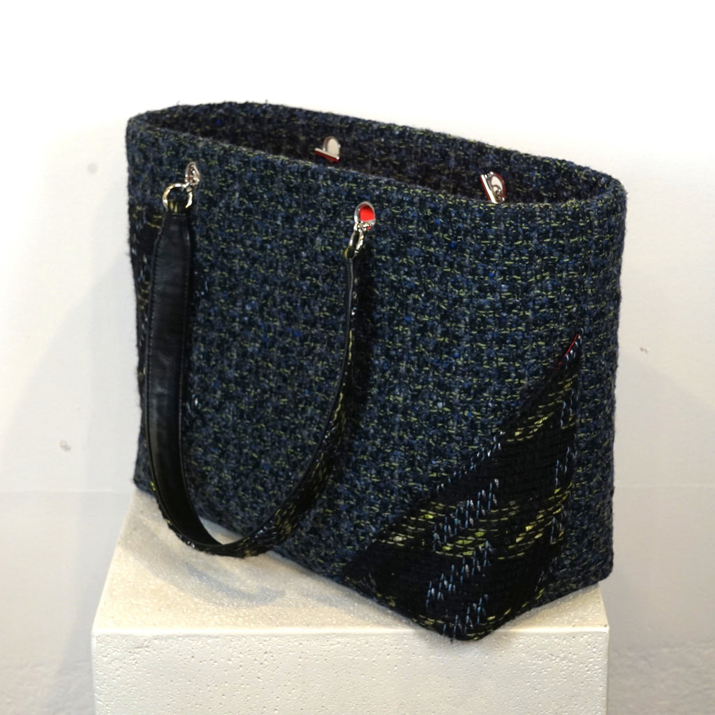 Chanel Cambon Line Tote Bag Tweed Leather Blue