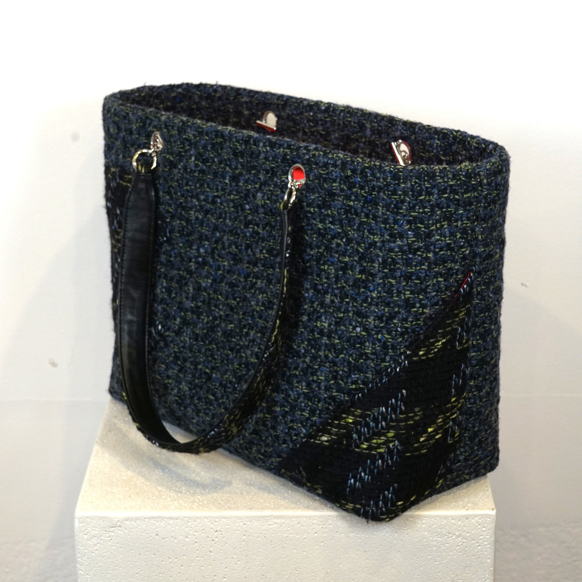 Chanel Cambon Line Tote Bag Tweed Leather Blue