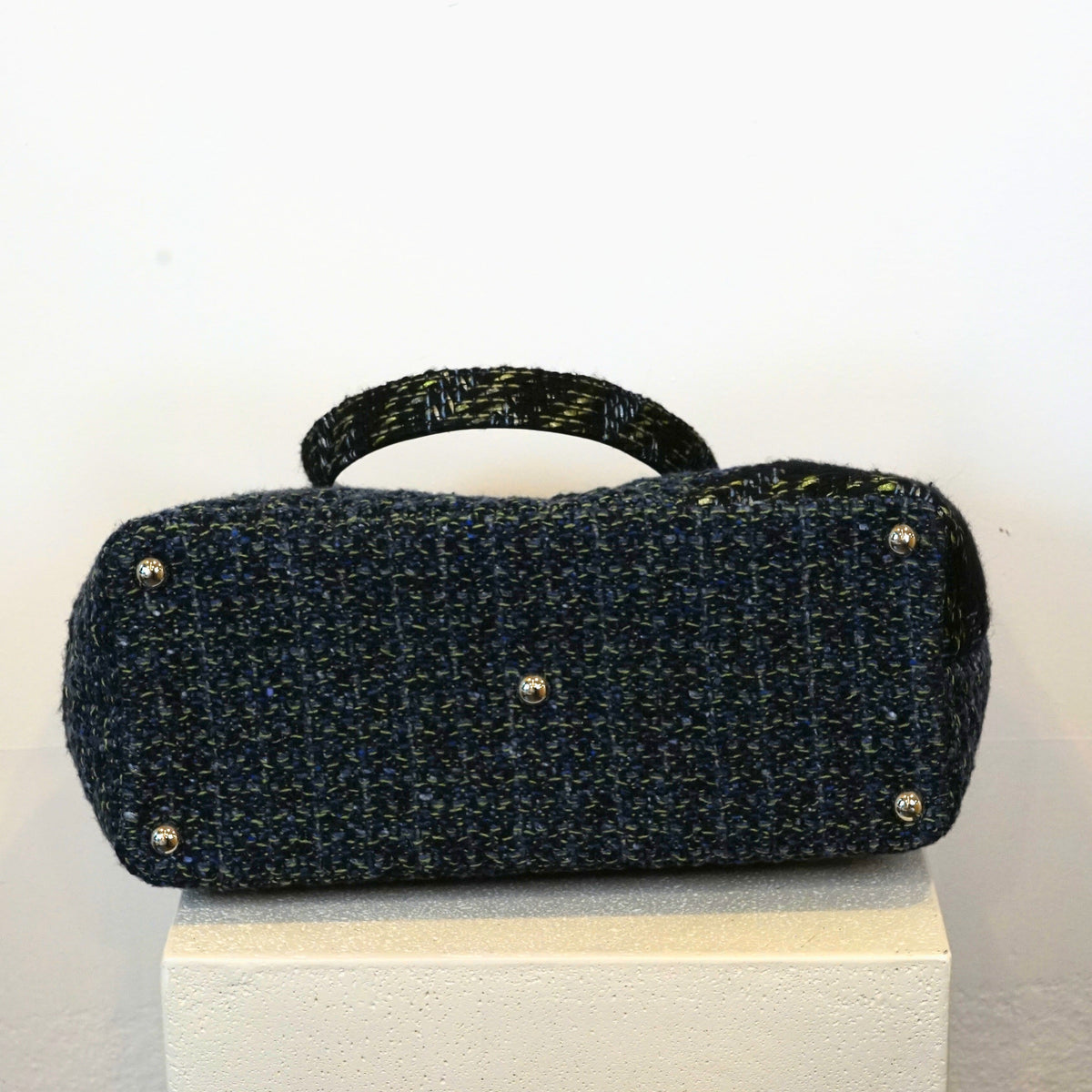 Chanel Cambon Line Tote Bag Tweed Leather Blue