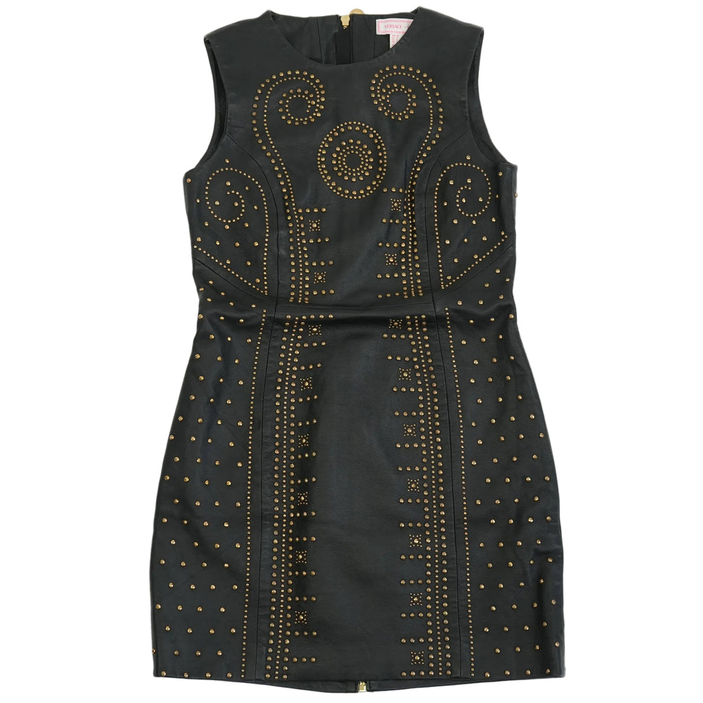 Versace for HM Black Leather Studded Mini Dress Gold Studs Size US 8