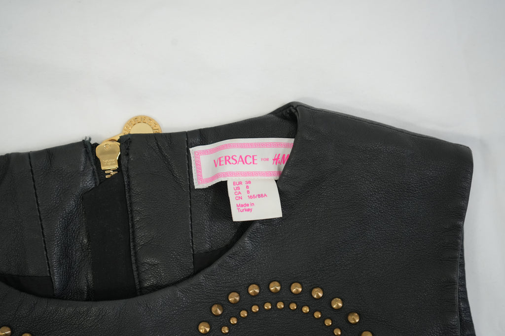 Versace for HM Black Leather Studded Mini Dress Gold Studs Size US 8