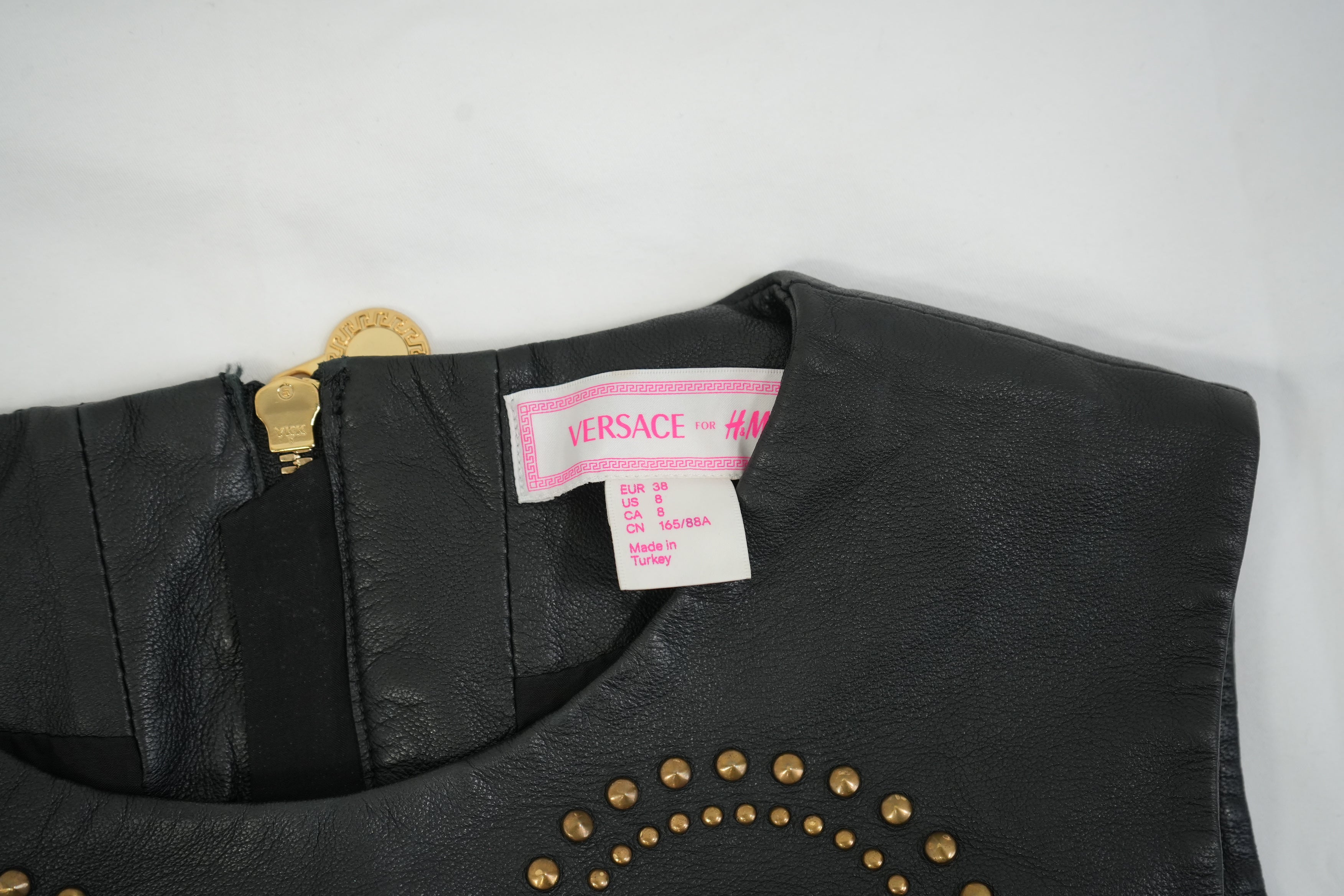 Versace for HM Black Leather Studded Mini Dress Gold Studs Size US 8