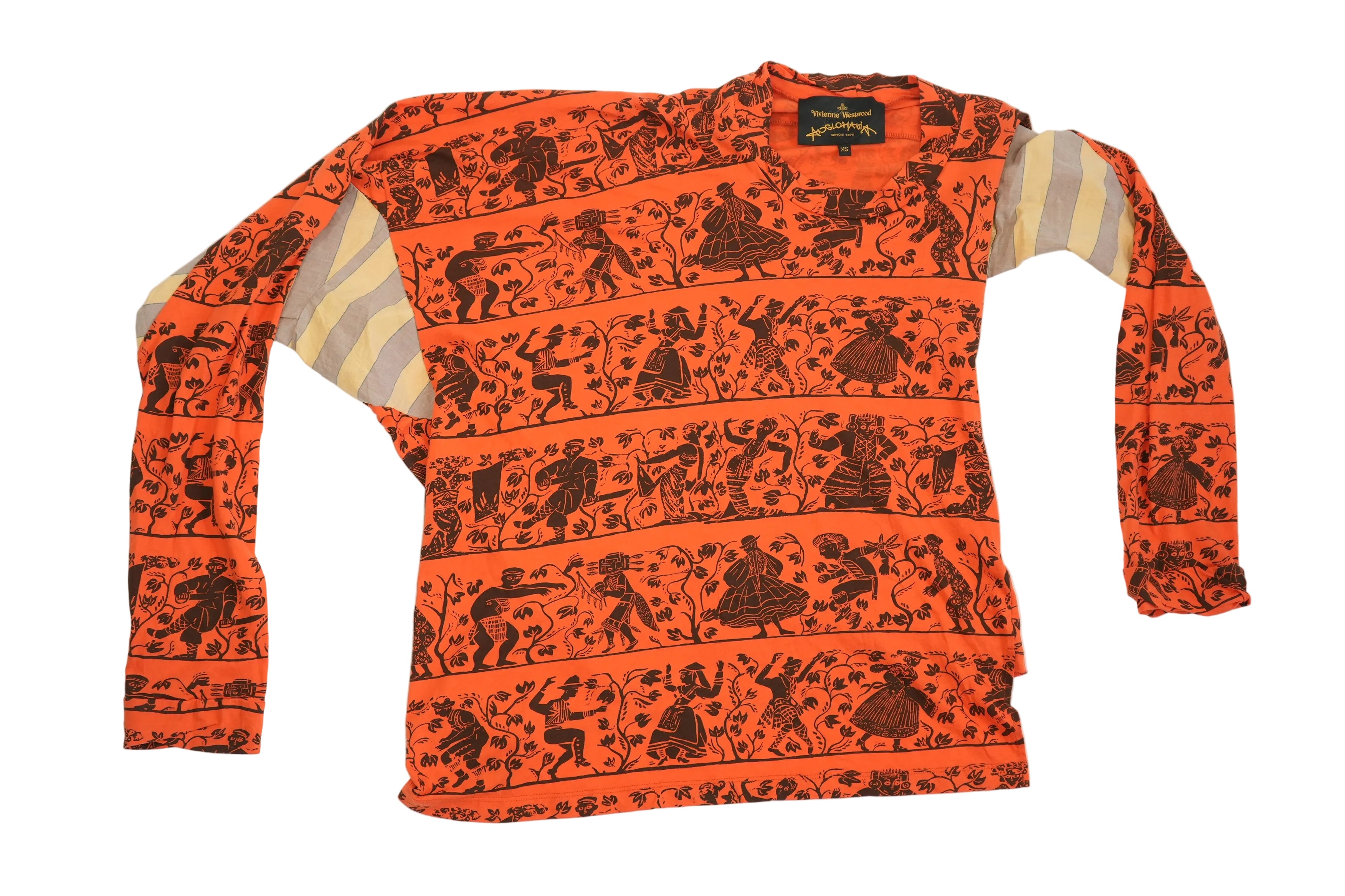 Vivienne Westwood Anglomania Orange Folk Print Long Sleeve Shirt Size XS