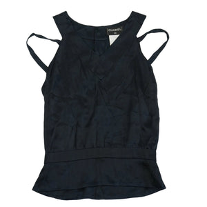 Chanel Women Black Silk Sleeveless Top CC Logo Button Back Blouse Size 44