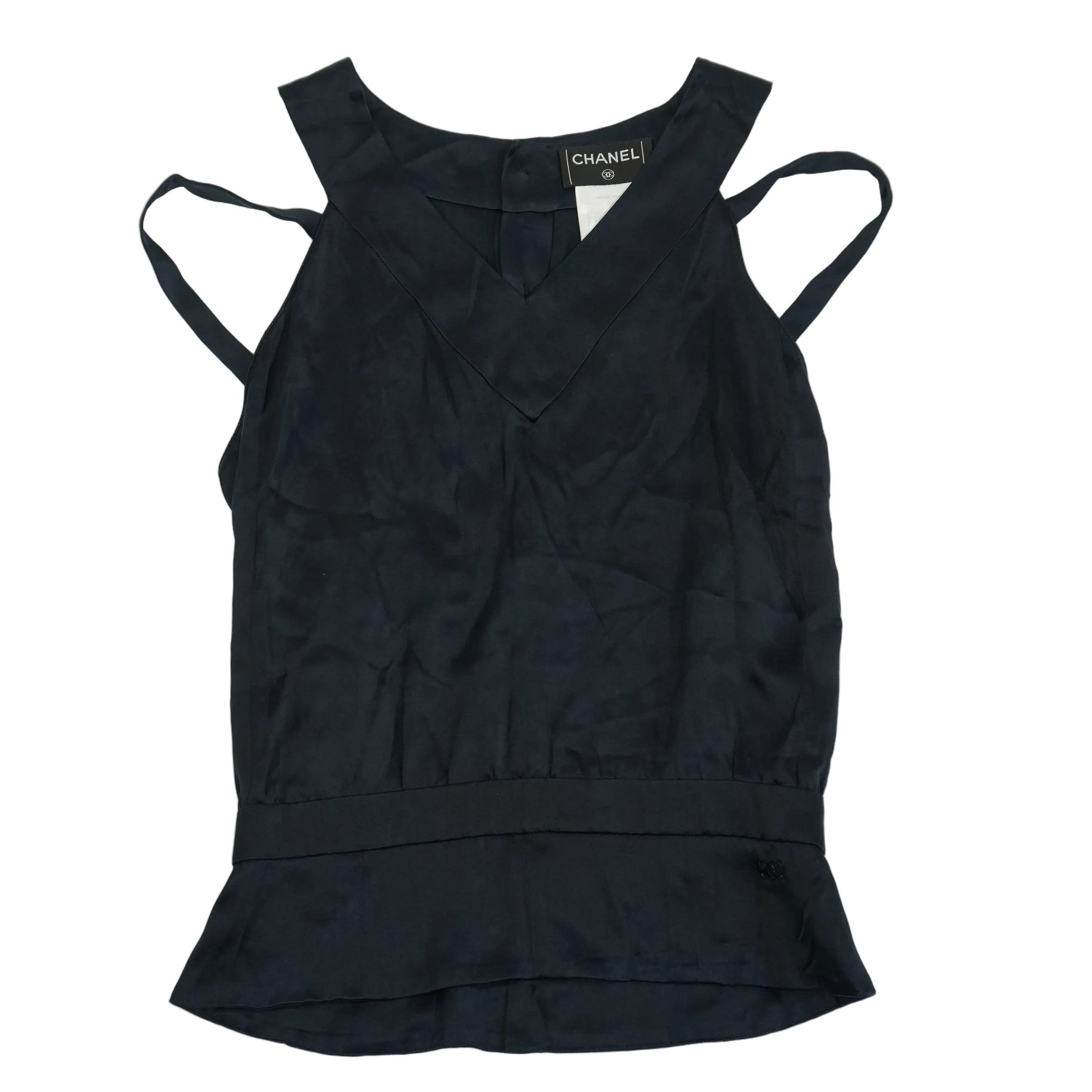 Chanel Women Black Silk Sleeveless Top CC Logo Button Back Blouse Size 44