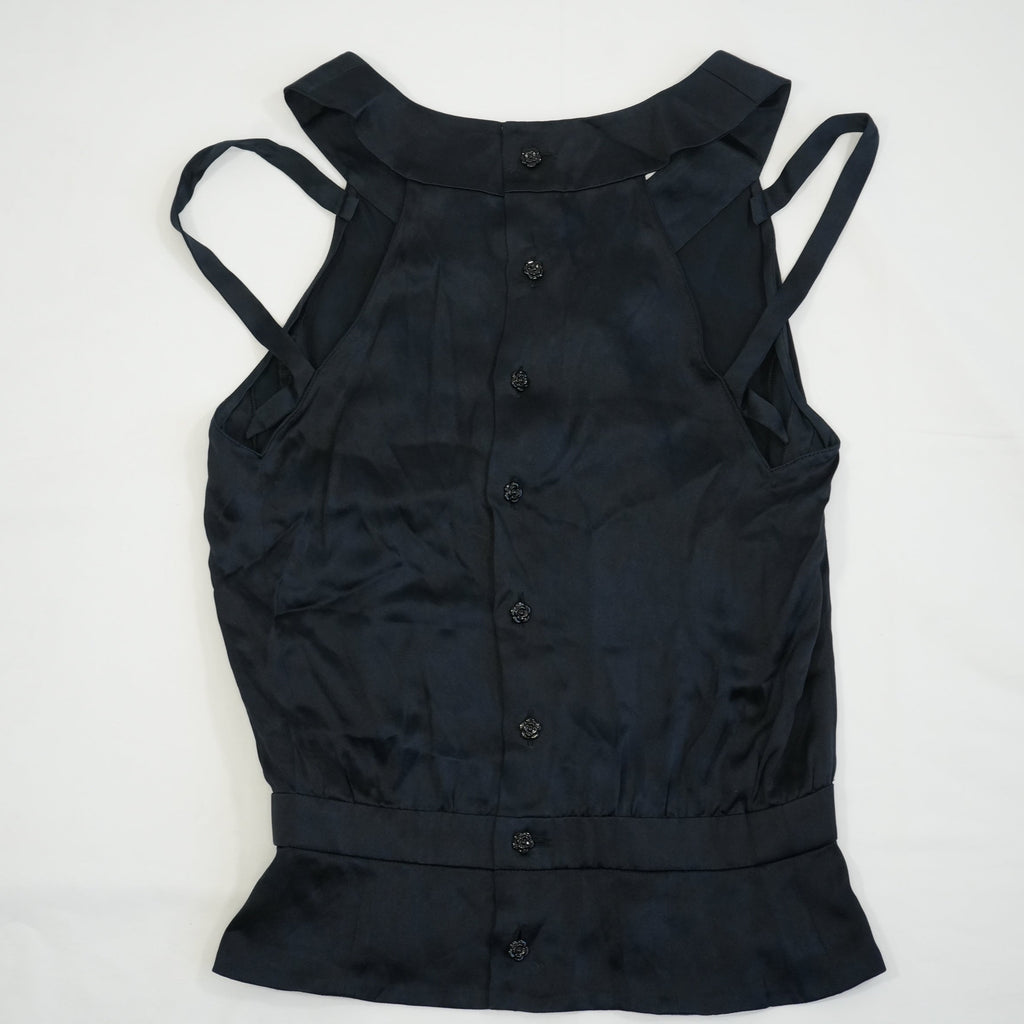 Chanel Women Black Silk Sleeveless Top CC Logo Button Back Blouse Size 44