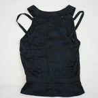 Chanel Women Black Silk Sleeveless Top CC Logo Button Back Blouse Size 44