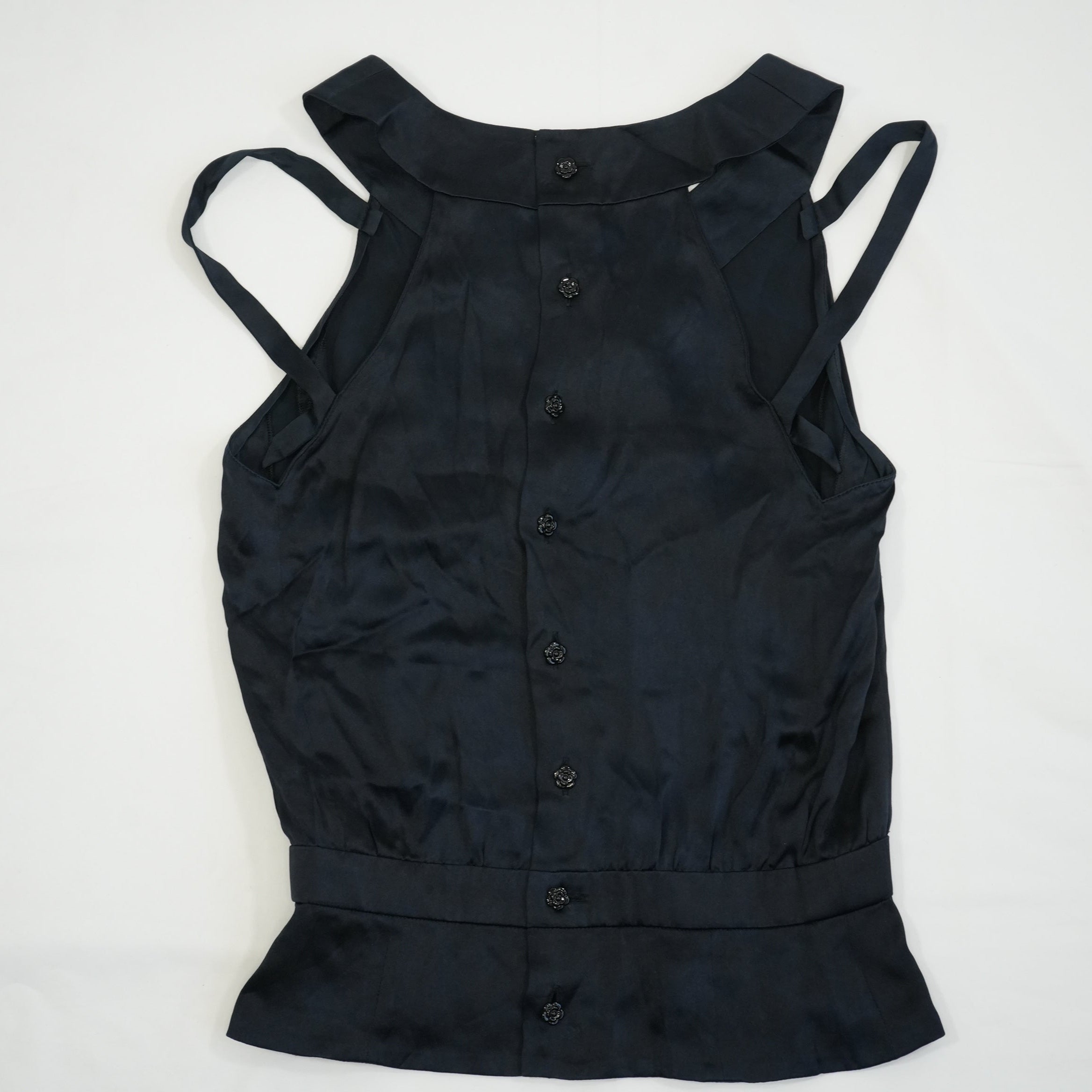 Chanel Women Black Silk Sleeveless Top CC Logo Button Back Blouse Size 44