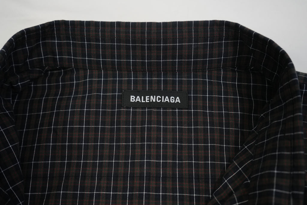 Balenciaga Men Plaid Button Down Shirt Black Red Grid Back Logo Long Sleeve