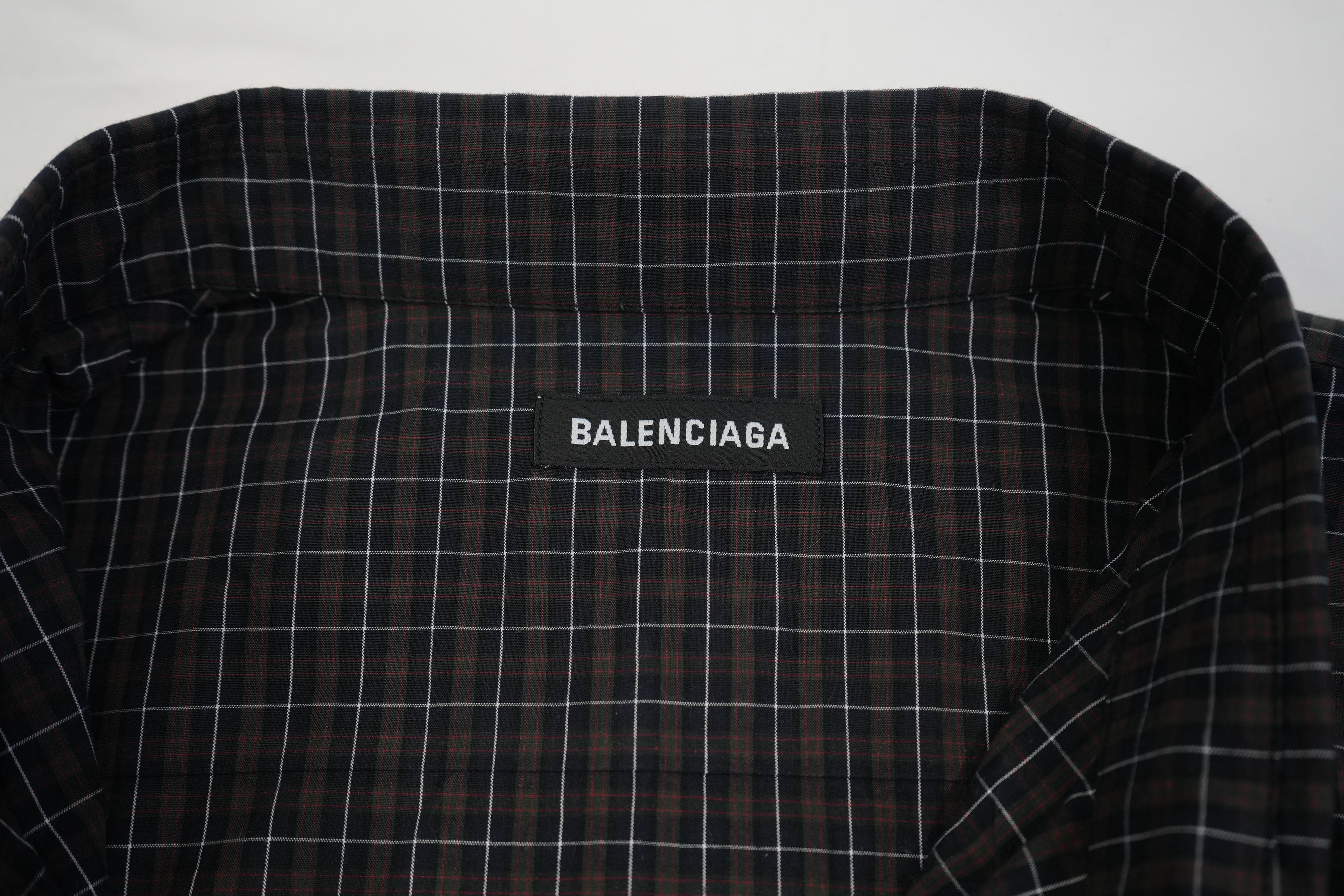Balenciaga Men Plaid Button Down Shirt Black Red Grid Back Logo Long Sleeve