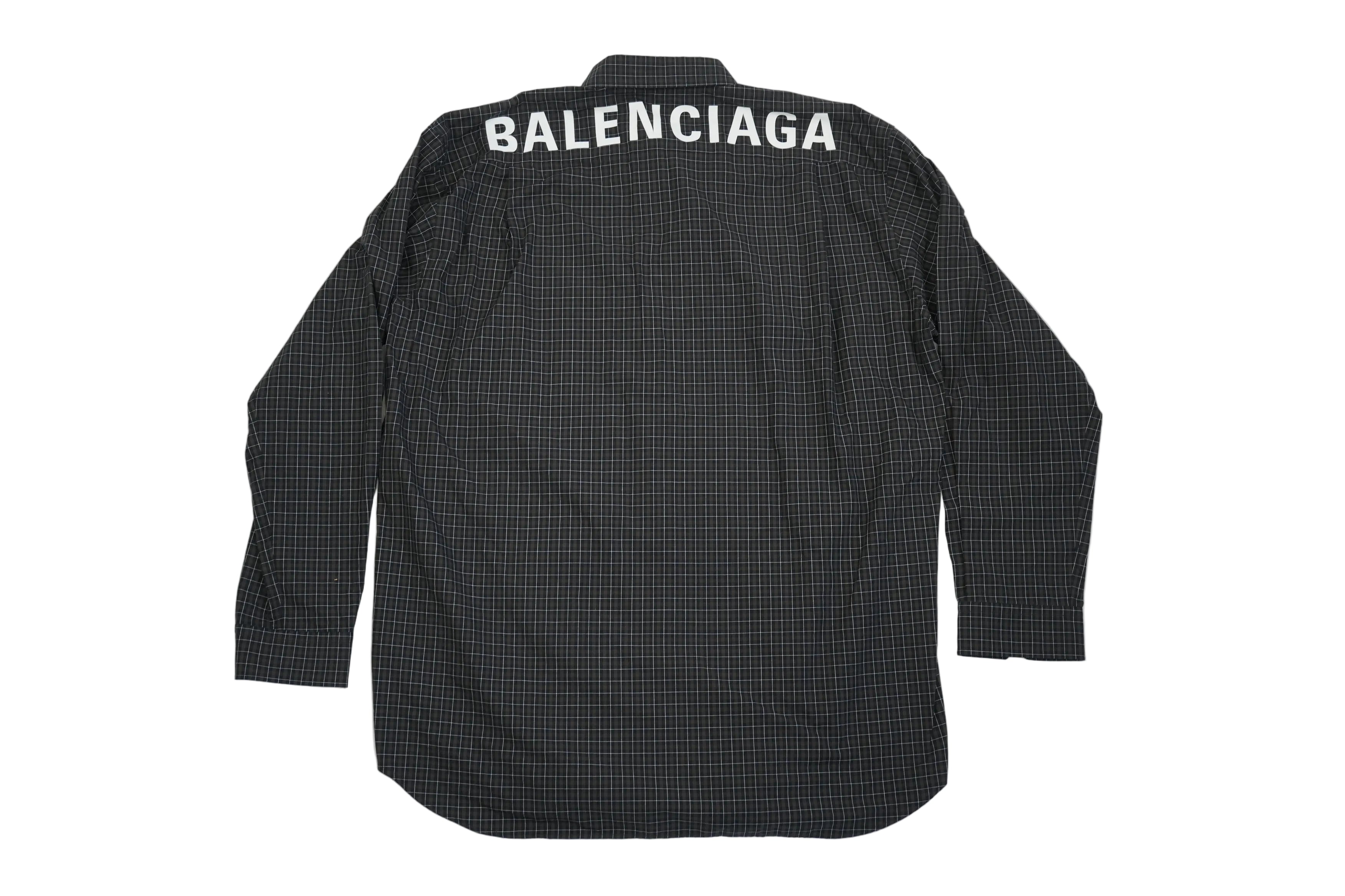 Balenciaga Men Plaid Button Down Shirt Black Red Grid Back Logo Long Sleeve