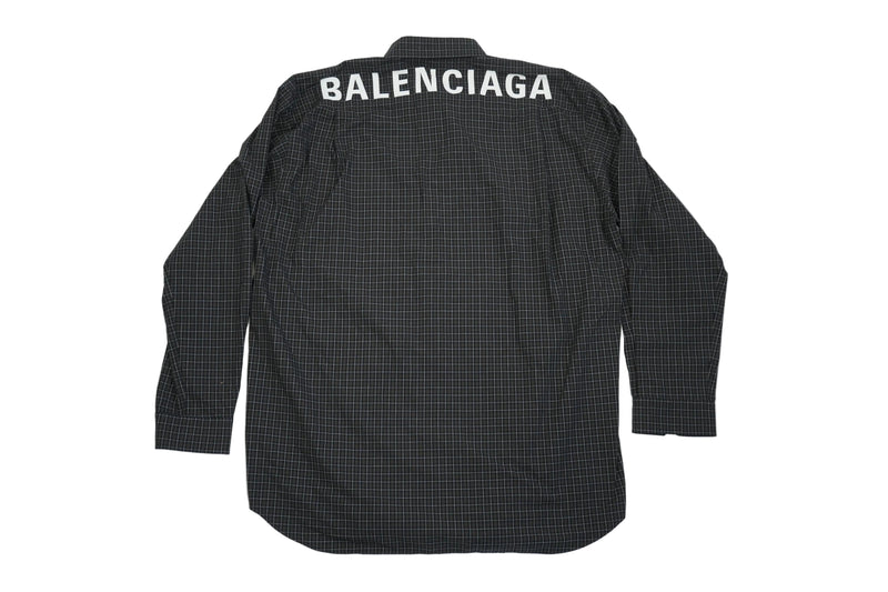 Balenciaga Men Plaid Button Down Shirt Black Red Grid Back Logo Long Sleeve