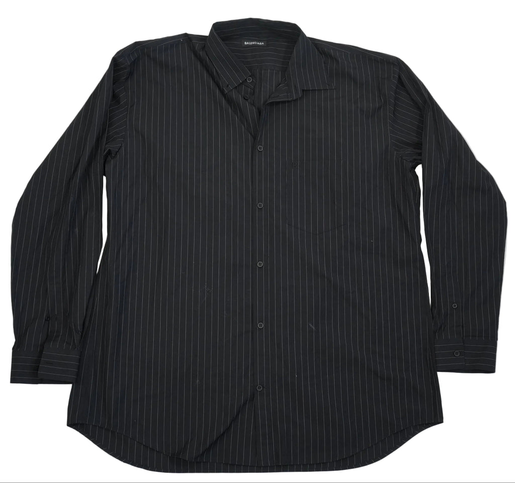 Balenciaga Men Black Pinstripe Button Down Shirt Back Graphic Logo Long Sleeve