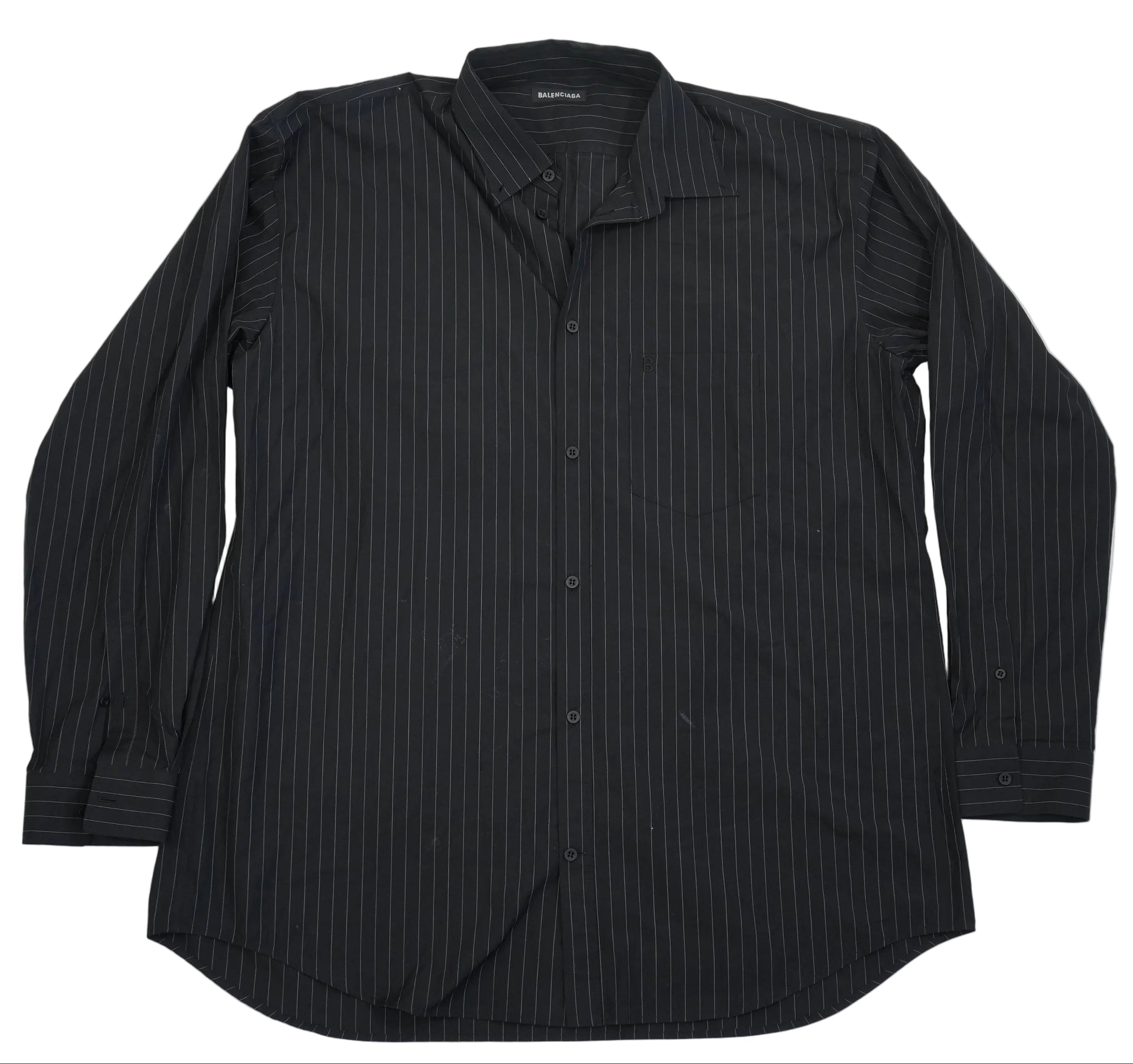 Balenciaga Men Black Pinstripe Button Down Shirt Back Graphic Logo Long Sleeve