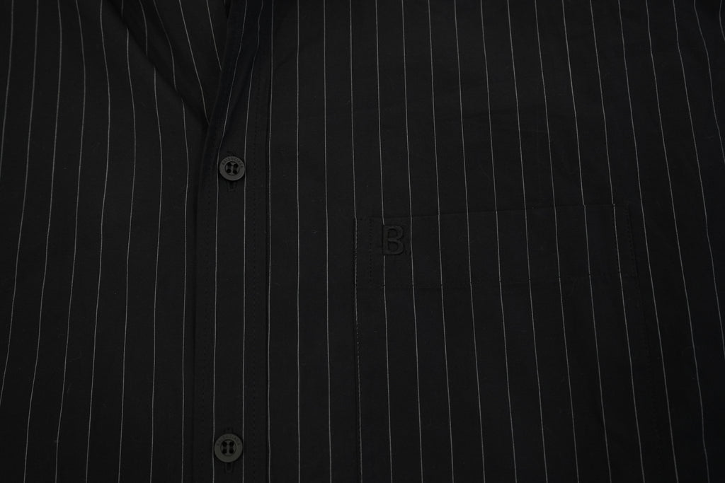 Balenciaga Men Black Pinstripe Button Down Shirt Back Graphic Logo Long Sleeve