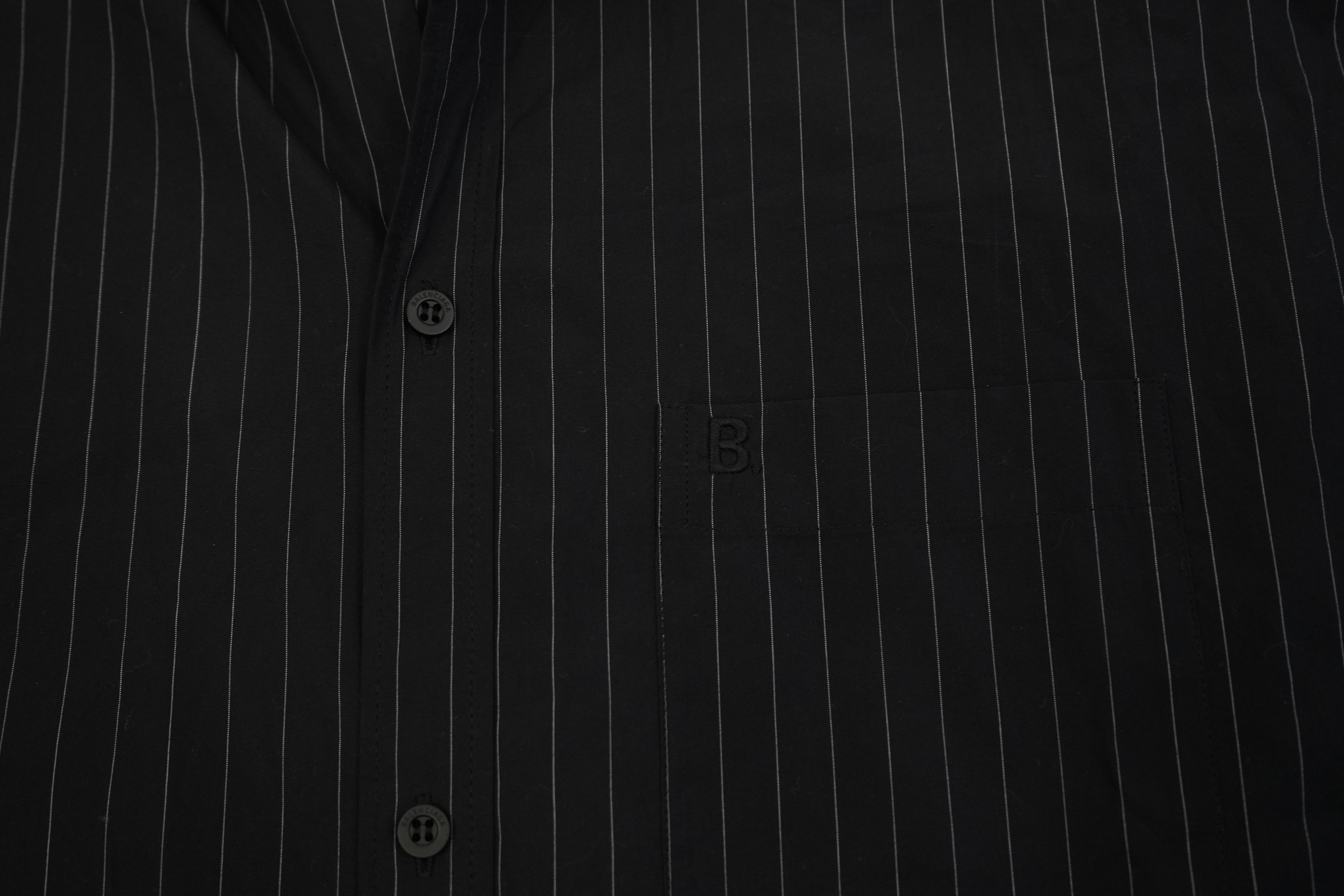 Balenciaga Men Black Pinstripe Button Down Shirt Back Graphic Logo Long Sleeve