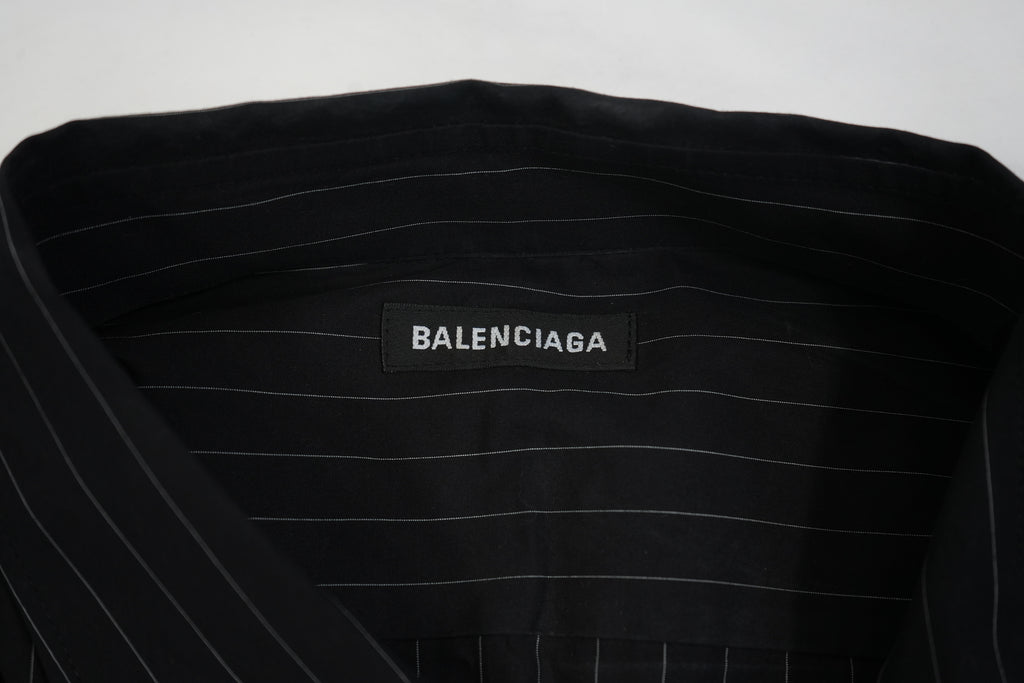 Balenciaga Men Black Pinstripe Button Down Shirt Back Graphic Logo Long Sleeve
