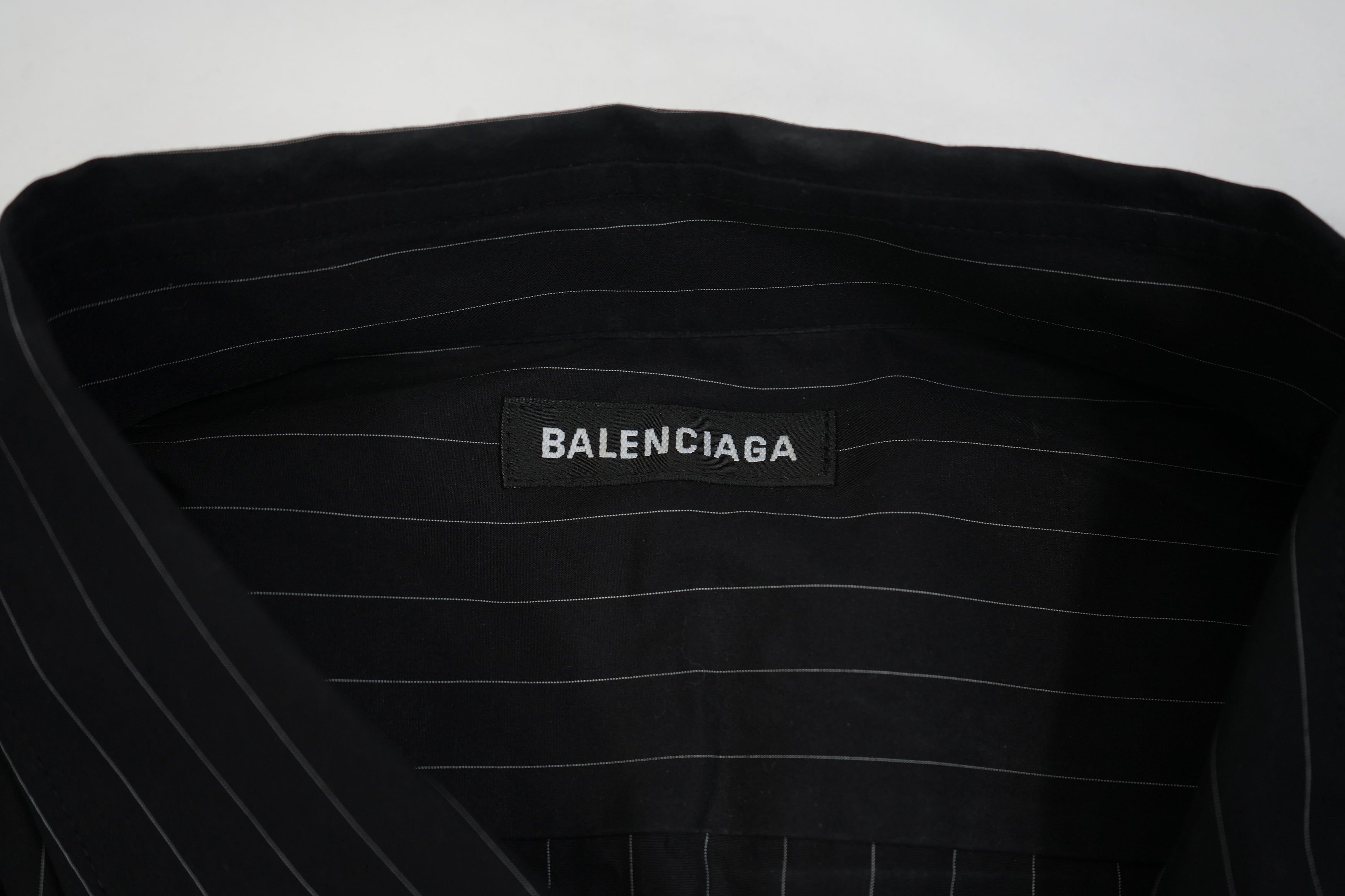 Balenciaga Men Black Pinstripe Button Down Shirt Back Graphic Logo Long Sleeve