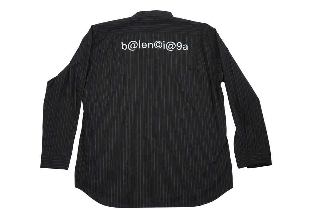 Balenciaga Men Black Pinstripe Button Down Shirt Back Graphic Logo Long Sleeve