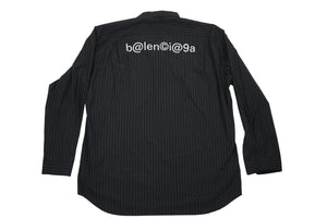 Balenciaga Men Black Pinstripe Button Down Shirt Back Graphic Logo Long Sleeve
