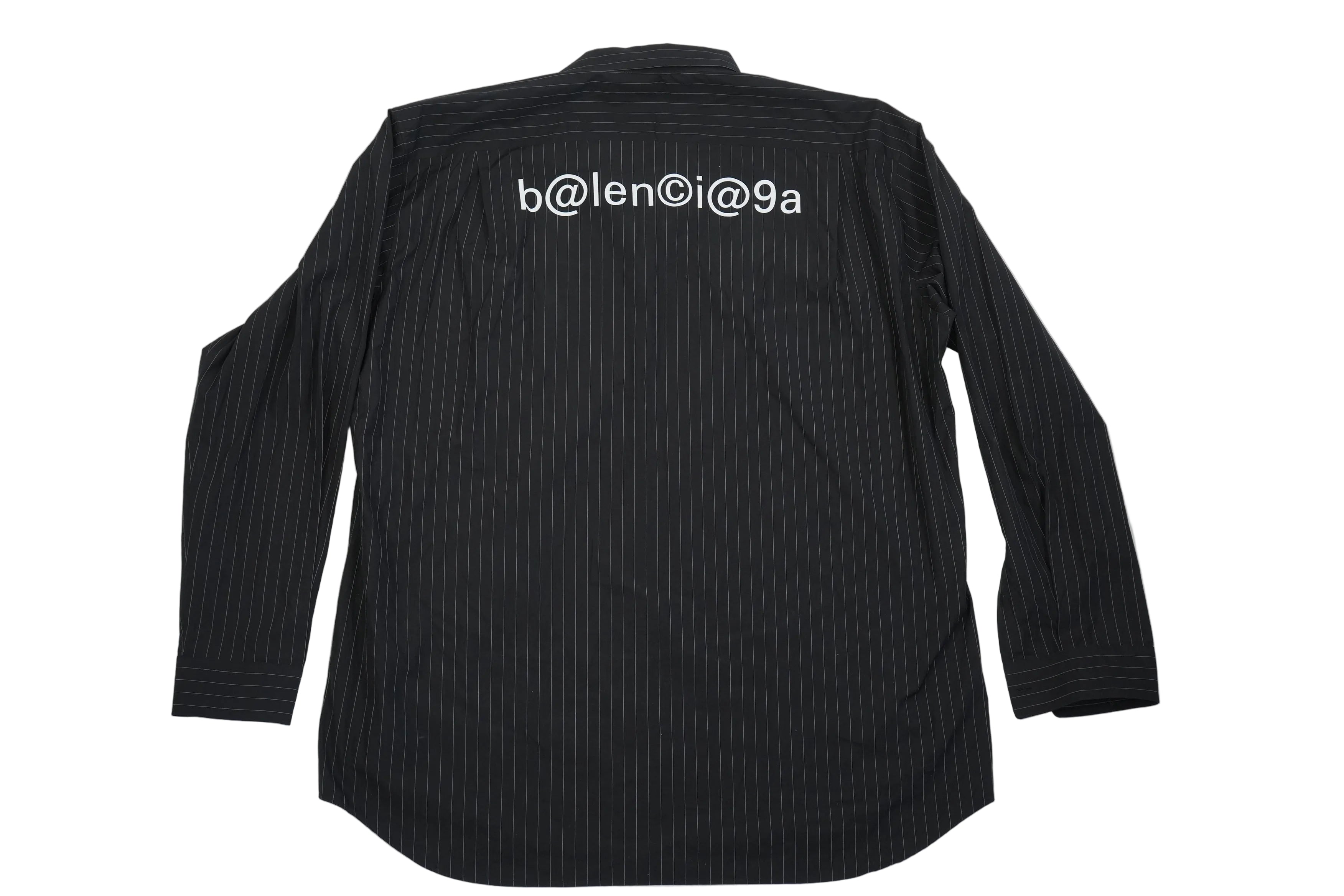 Balenciaga Men Black Pinstripe Button Down Shirt Back Graphic Logo Long Sleeve