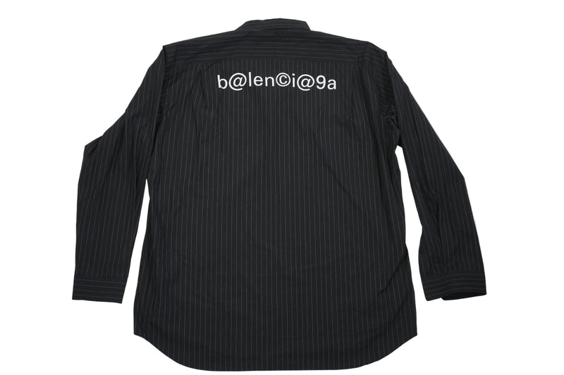 Balenciaga Men Black Pinstripe Button Down Shirt Back Graphic Logo Long Sleeve