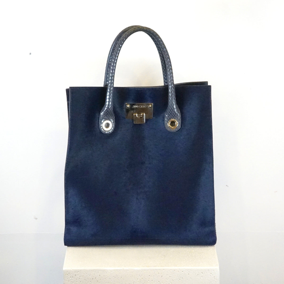 Jimmy Choo Blue Ponyhair Tote with Python Accents