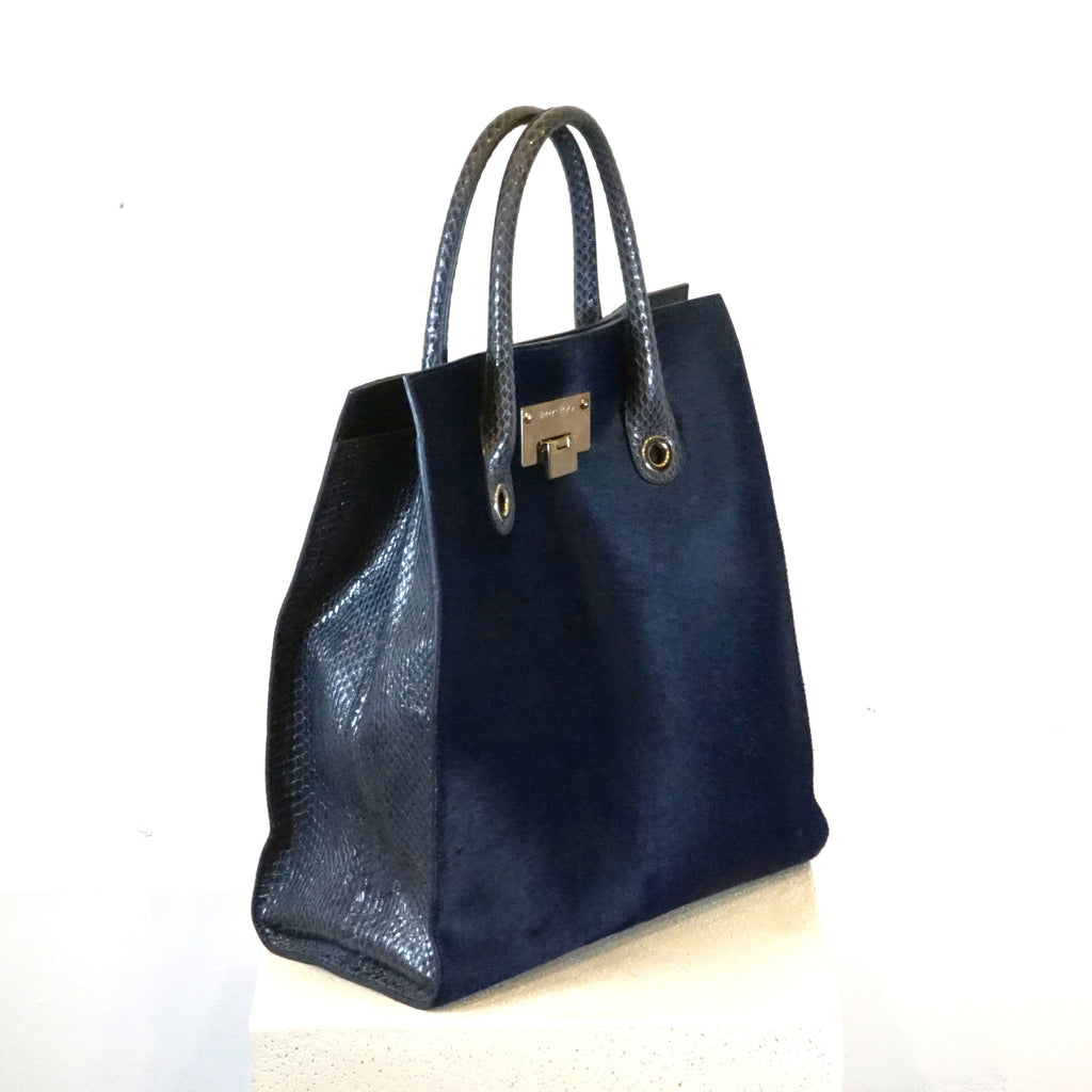 Jimmy Choo Blue Ponyhair Tote with Python Accents