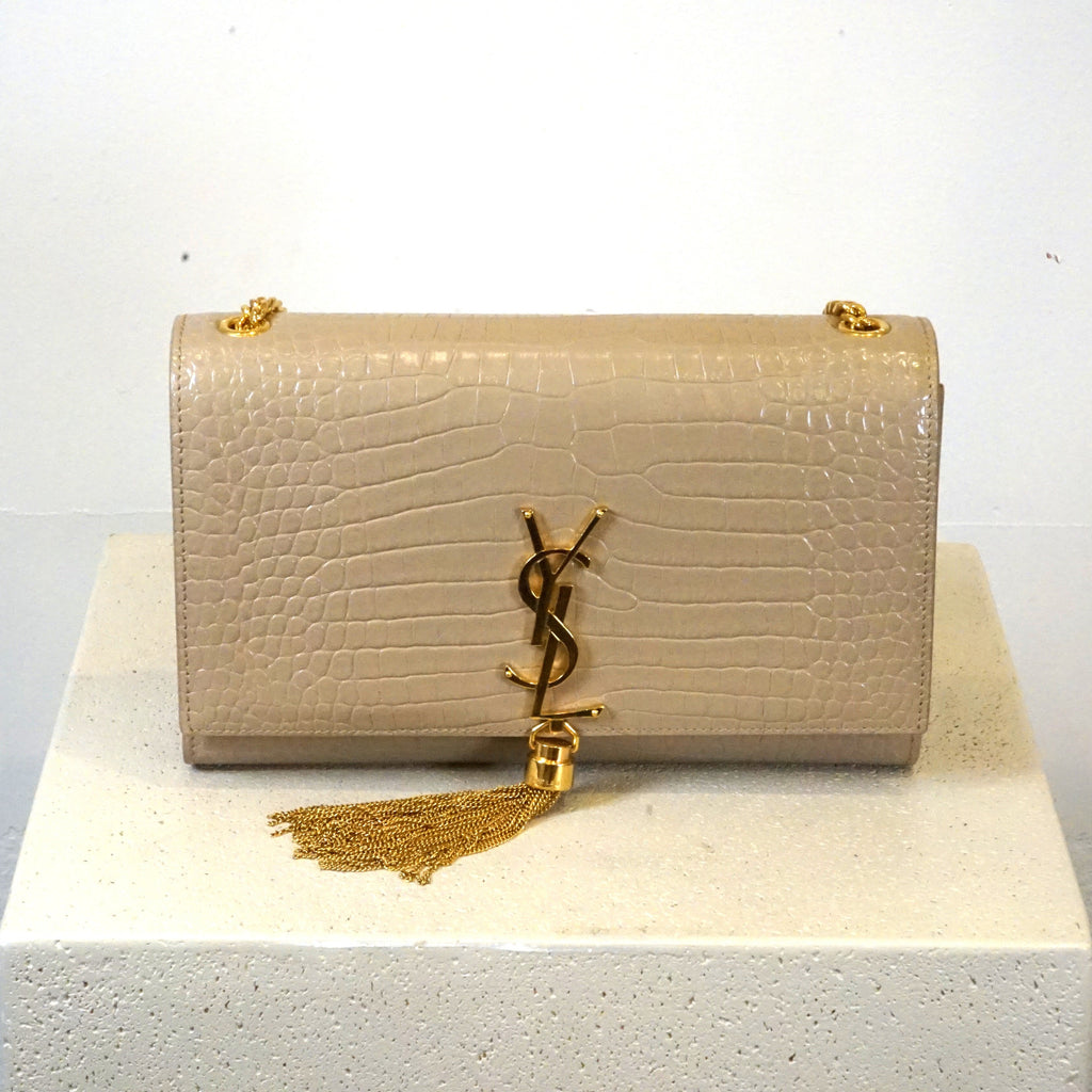 YSL Kate Tassel Croc Embossed Chain Bag Tan Faux Croc