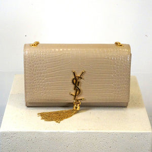 YSL Kate Tassel Croc Embossed Chain Bag Tan Faux Croc