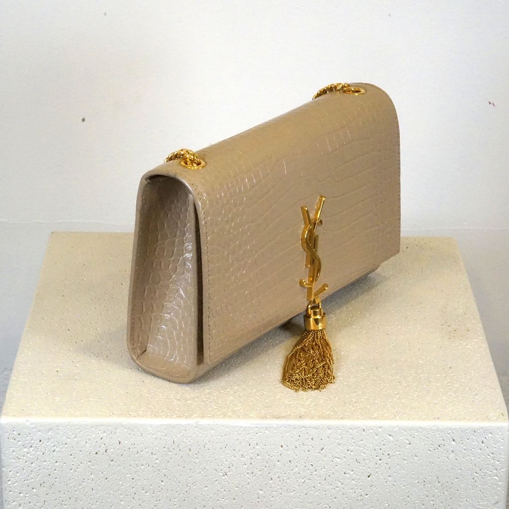 YSL Kate Tassel Croc Embossed Chain Bag Tan Faux Croc