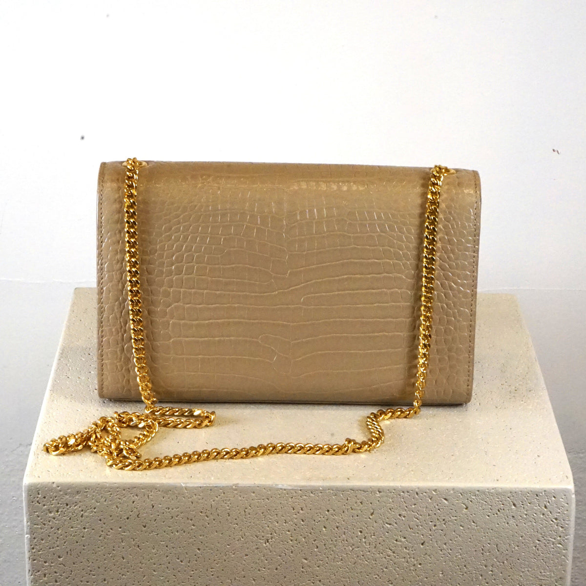 YSL Kate Tassel Croc Embossed Chain Bag Tan Faux Croc