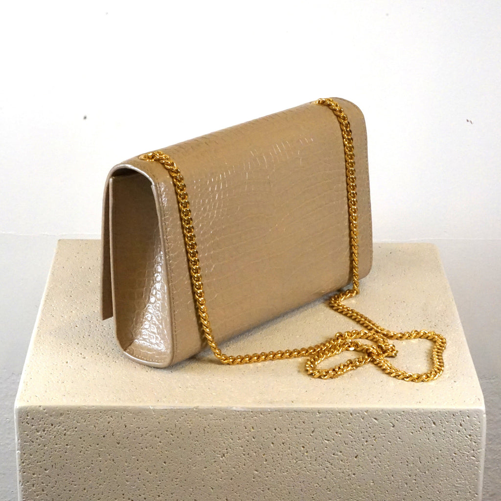 YSL Kate Tassel Croc Embossed Chain Bag Tan Faux Croc