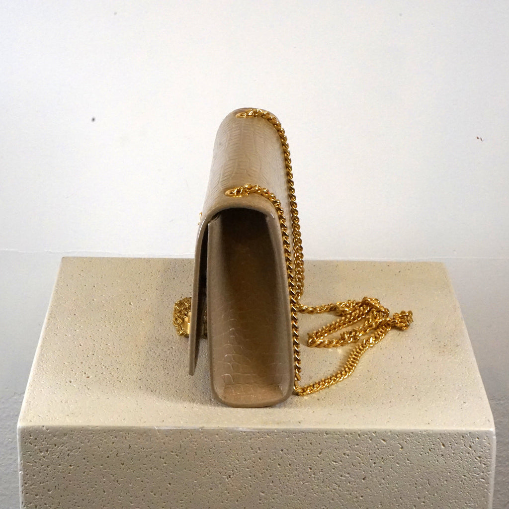 YSL Kate Tassel Croc Embossed Chain Bag Tan Faux Croc