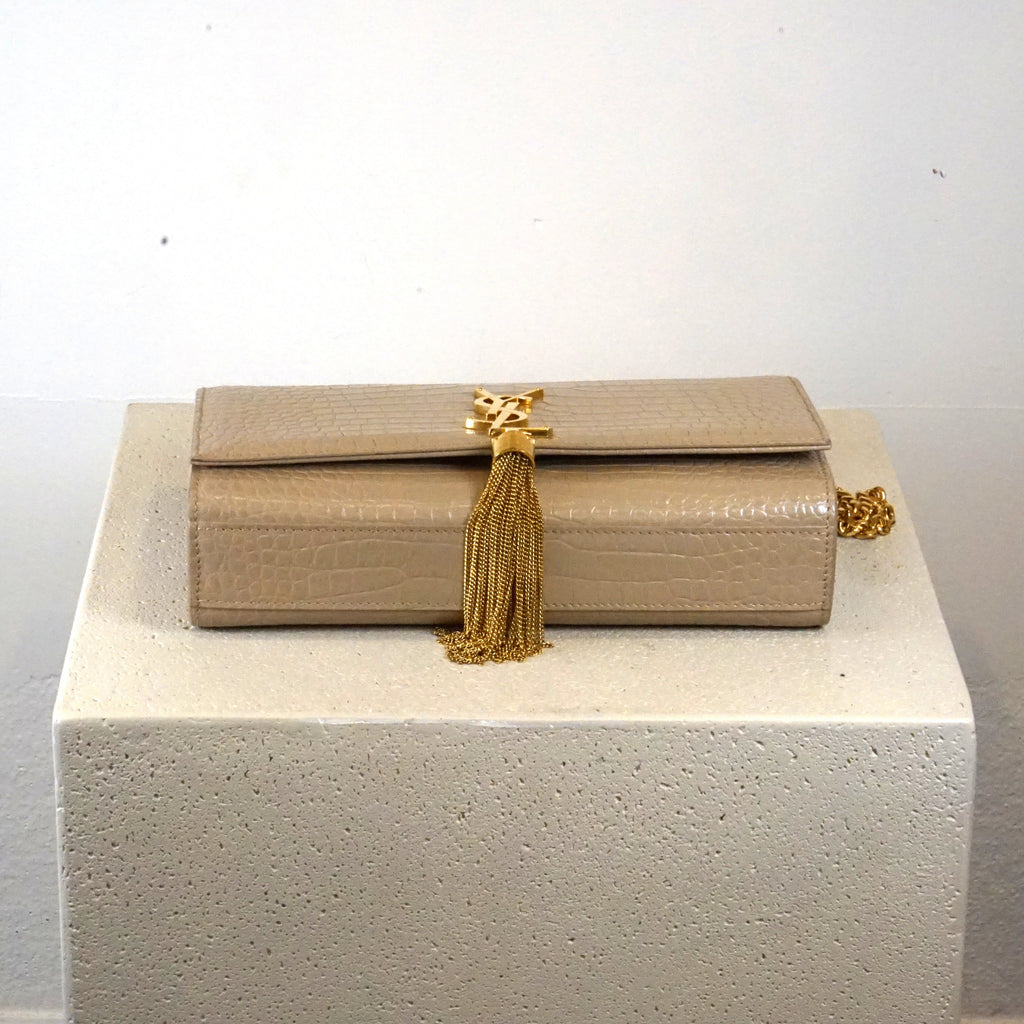 YSL Kate Tassel Croc Embossed Chain Bag Tan Faux Croc