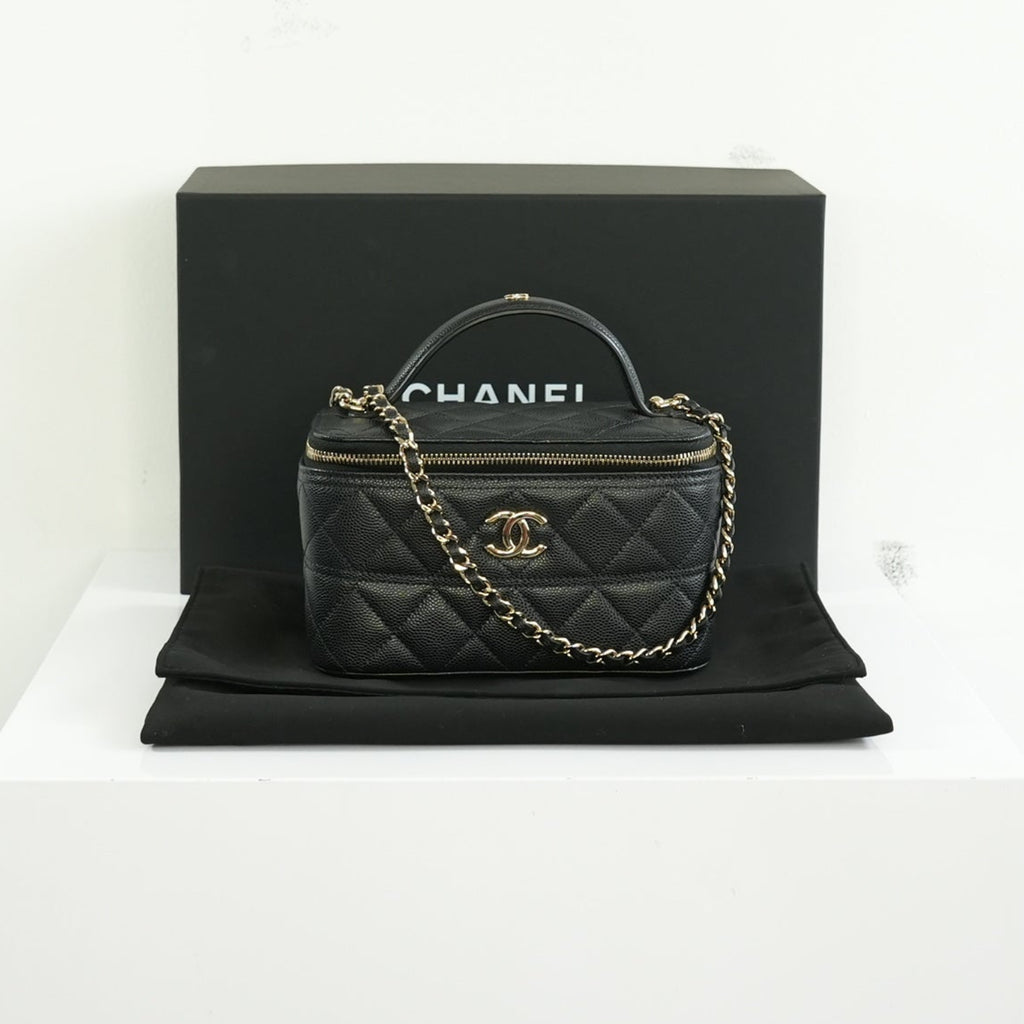 Chanel Black Slim Vanity Top Handle Bag Full Set